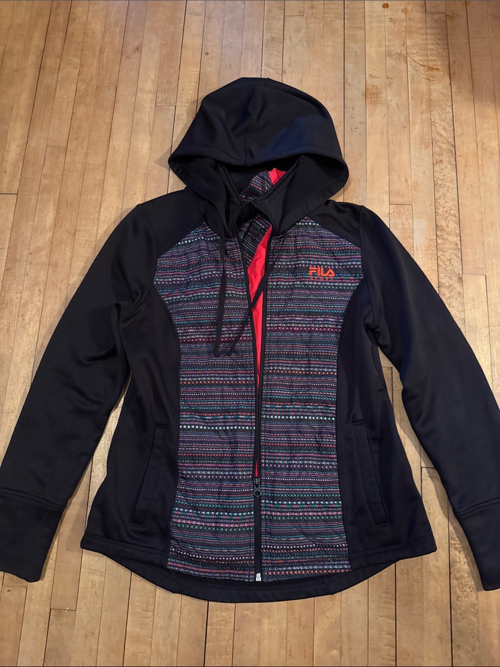 Fila Black Hooded Jacket with Multicolor Patterned Front and Red Trim